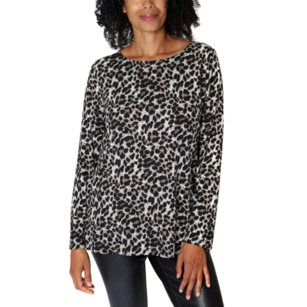 Mario Serrani Crew Neck Long Sleeve Tunic Top Brown Leopard Print Small